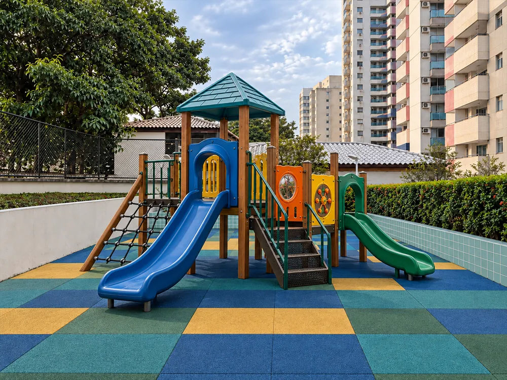 Ilustração do depois: playground novo com escorregadores azul e verde sobre piso emborrachado colorido