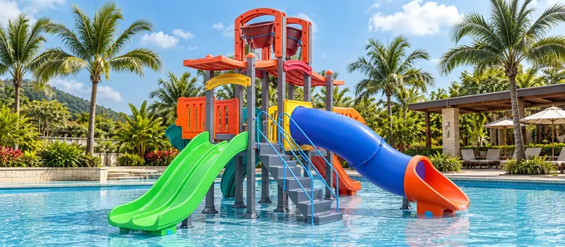 Playground aquático com escorregadores dentro da piscina