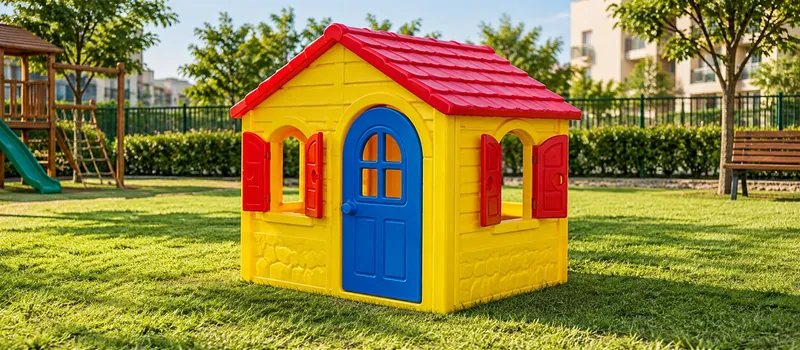 Casinha de brinquedo amarela com telhado vermelho sobre a grama
