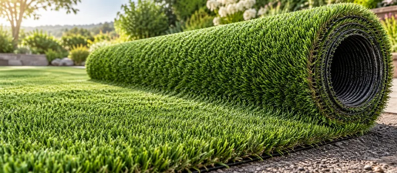Rolo de grama sintética sendo desenrolado num jardim