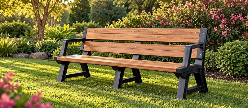 Banco de jardim com encosto e braços sobre a grama