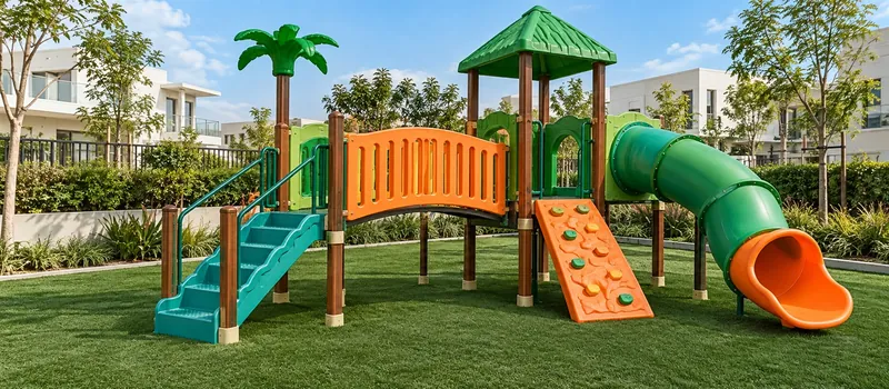 Playground com escada, ponte, parede de escalada e escorregador de tubo sobre grama sintética