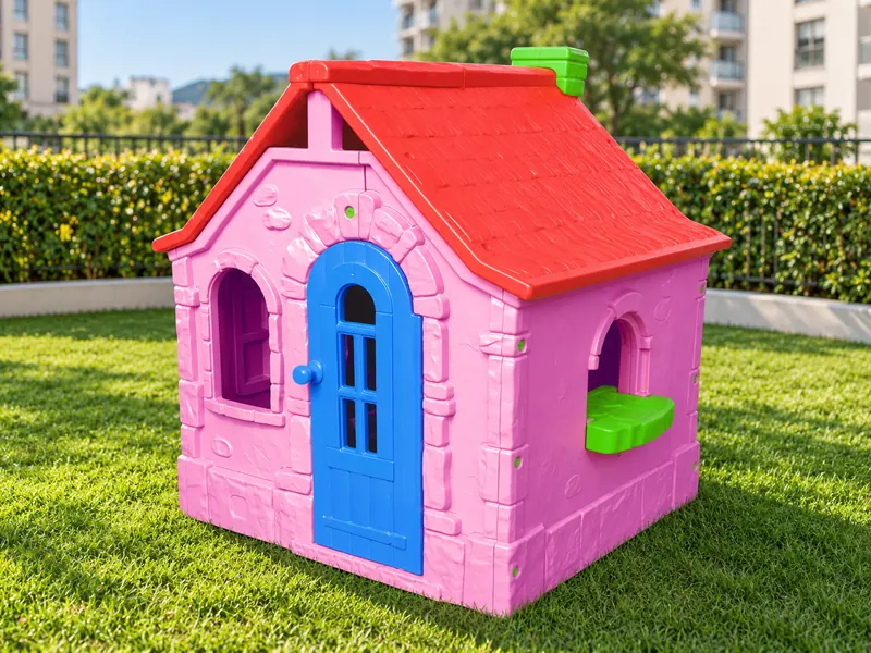 Casinha infantil rosa com telhado vermelho sobre a grama