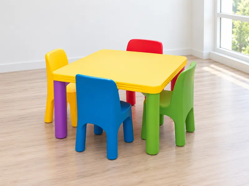 Mesa infantil amarela com quatro cadeiras coloridas numa brinquedoteca