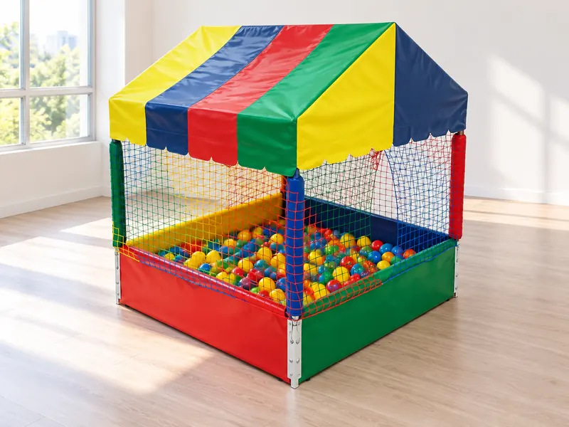 Piscina de bolinhas com cobertura listrada numa brinquedoteca