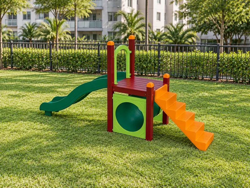 Brinquedo pet com escada laranja, túnel e escorregador verde num gramado cercado