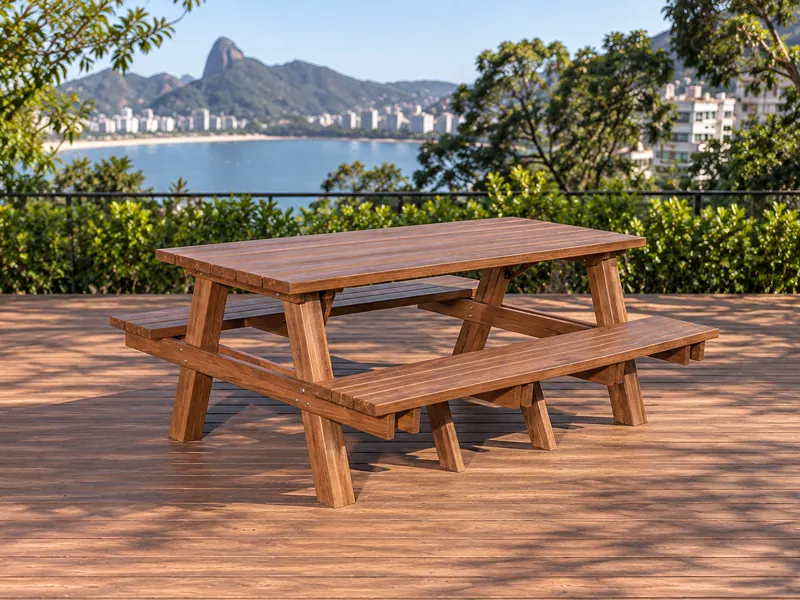 Mesa de piquenique com bancos de madeira plástica num deck