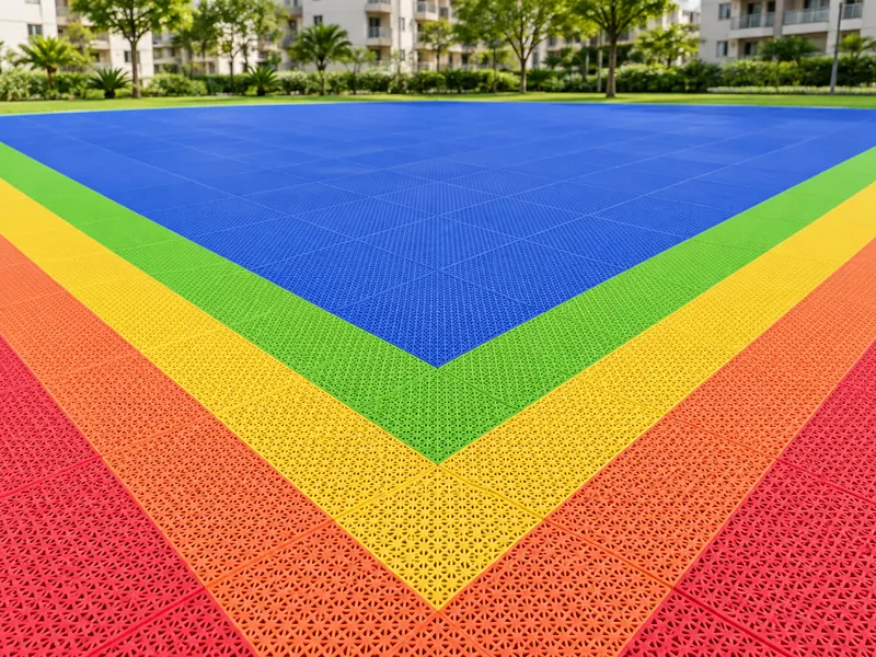 Piso modular com área azul e faixas verde, amarela, laranja e vermelha