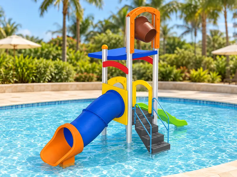 Playground aquático com escorregador de tubo azul dentro da piscina