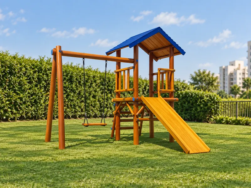 Playground de eucalipto com telhado azul, balanço e escorregador