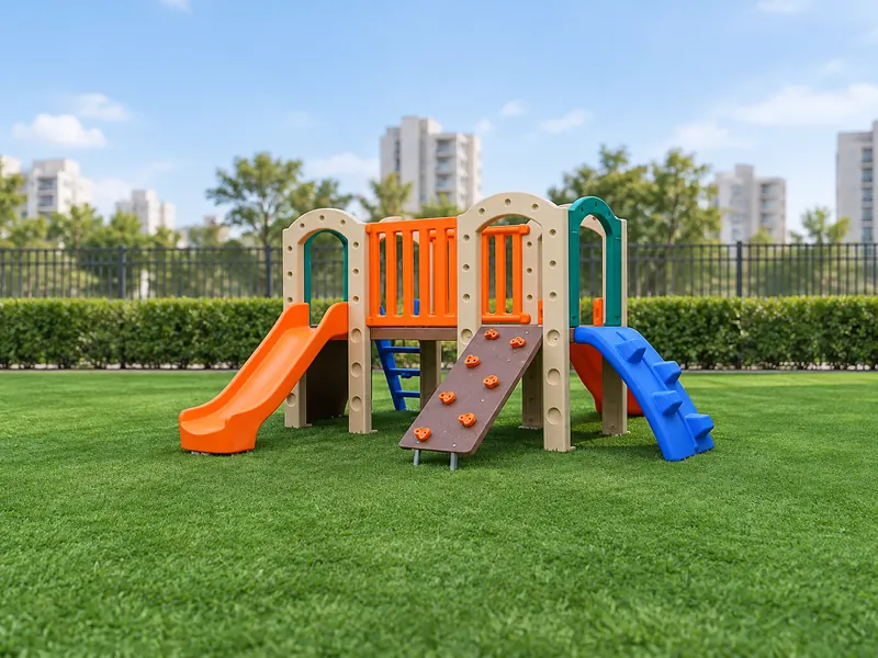 Playground bege com escorregador laranja e rampa azul sobre grama sintética