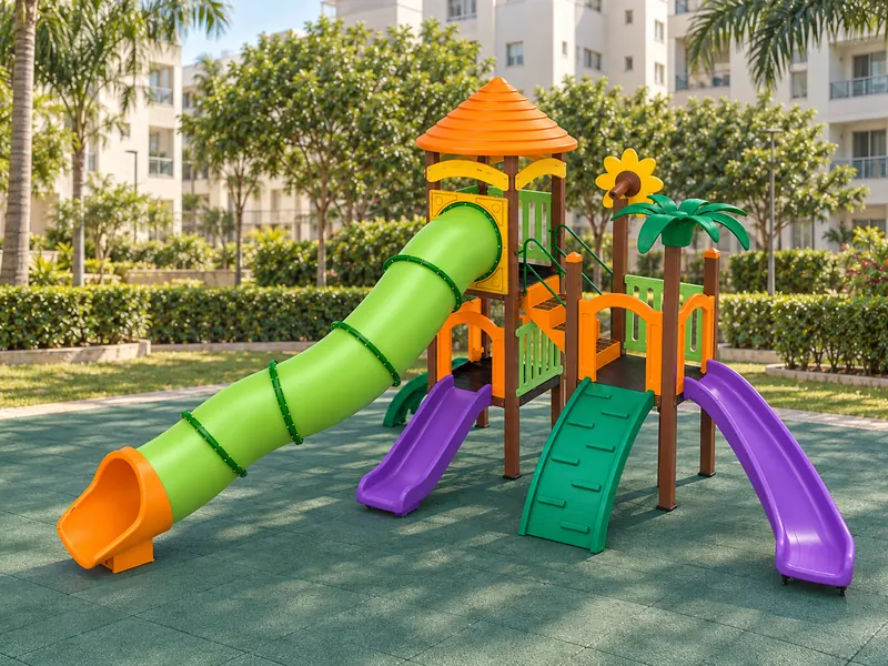 Playground de madeira plástica com torres, escorregador em tubo e escorregadores roxos numa área de lazer