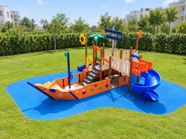 Playground em forma de barco pirata sobre piso emborrachado azul