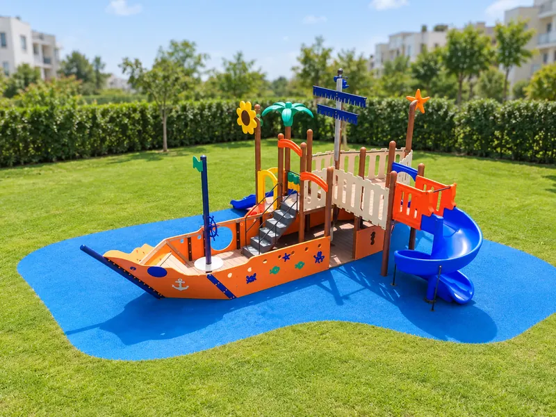 Playground em forma de barco pirata sobre piso emborrachado azul