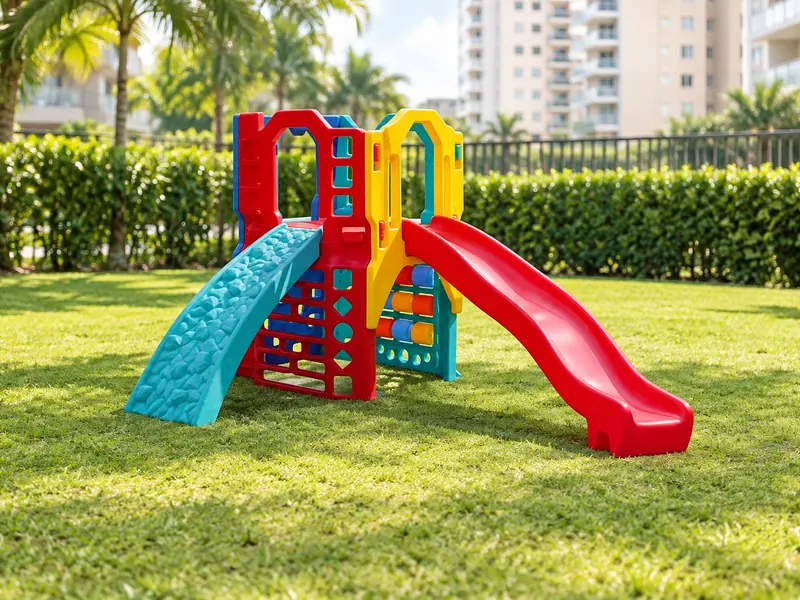 Playground com duas torres, rampa turquesa e escorregador vermelho