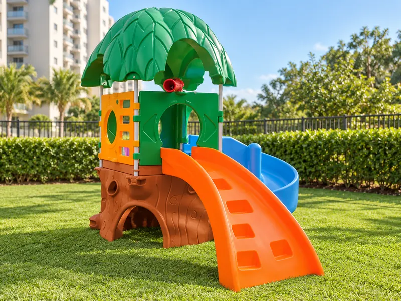 Casa na árvore de plástico com rampa laranja e escorregador azul