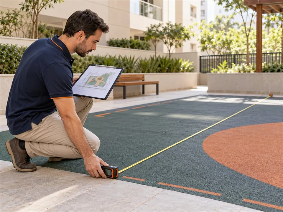 Ilustração: técnico medindo a área do playground com trena a laser, com a planta do projeto na mão
