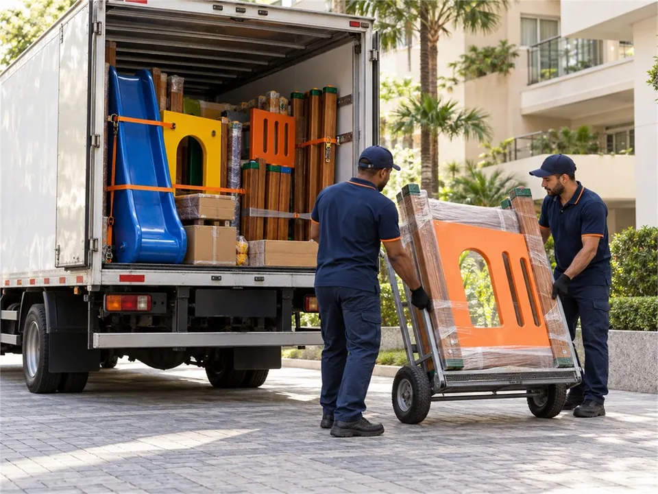 Ilustração: equipe descarregando peças de playground de um caminhão na entrada do condomínio