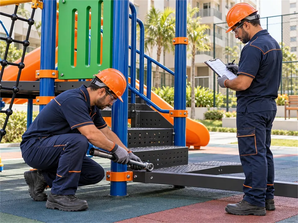 Ilustração: montadores com capacete, óculos e luvas instalando um playground
