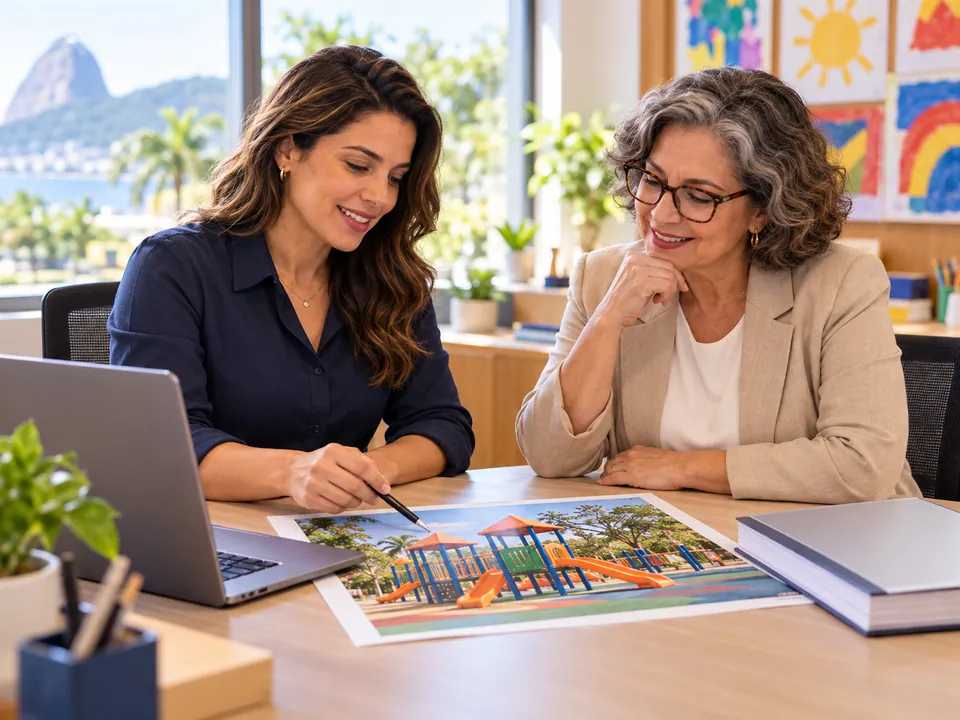 Ilustração: coordenadora de escola analisando a proposta do playground com a direção