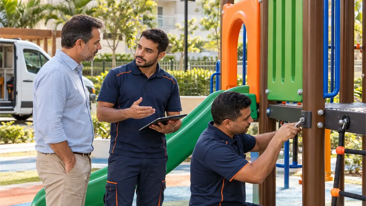 Ilustração: técnico com tablet conversando com o cliente enquanto outro técnico revisa a estrutura do playground