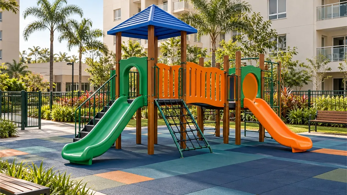 Ilustração: playground novo instalado num condomínio, pronto para uso